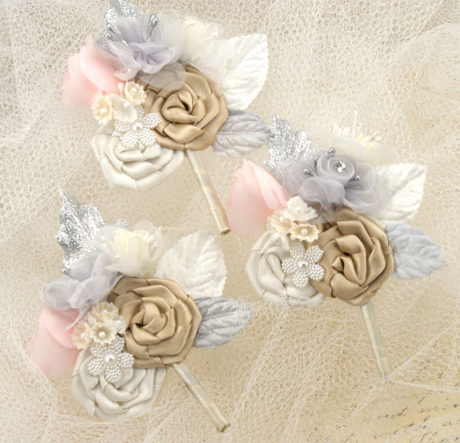 Boutonnieres - Set of 6 Groomsmen, Fathers of the Bride Boutonnieres, and Groom Boutonniere in Champagne, Ivory, Blush Pink and Grey