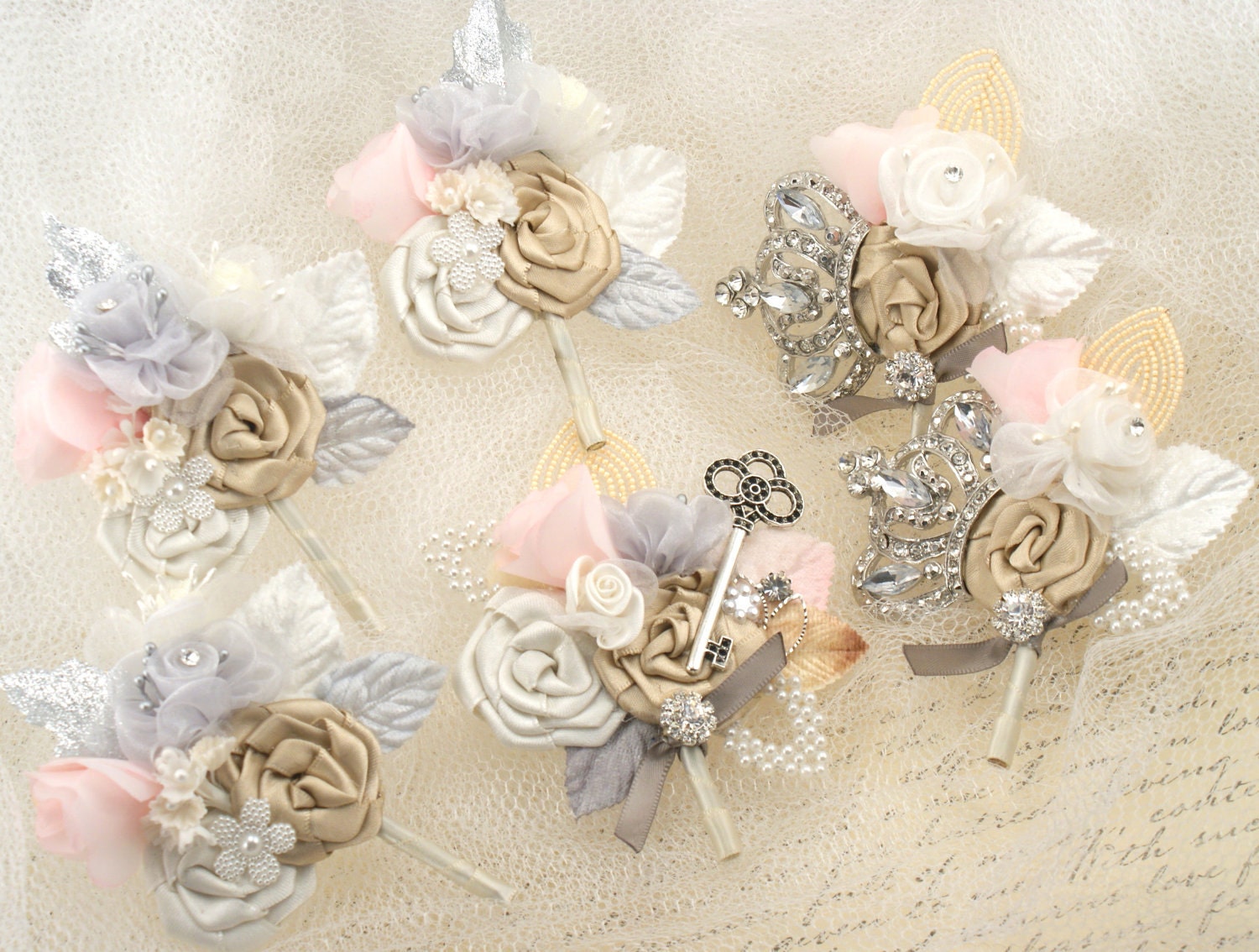 Boutonnieres - Set of 6 Groomsmen, Fathers of the Bride Boutonnieres, and Groom Boutonniere in Champagne, Ivory, Blush Pink and Grey