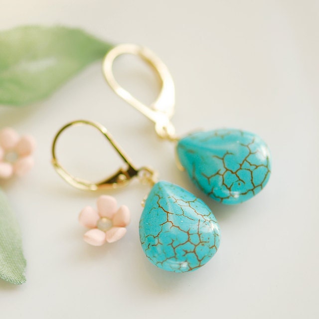 Turquoise teardrop earrings - gold and turquoise earrings - Dangle earrings, gold filled earrings, Turquoise earrings