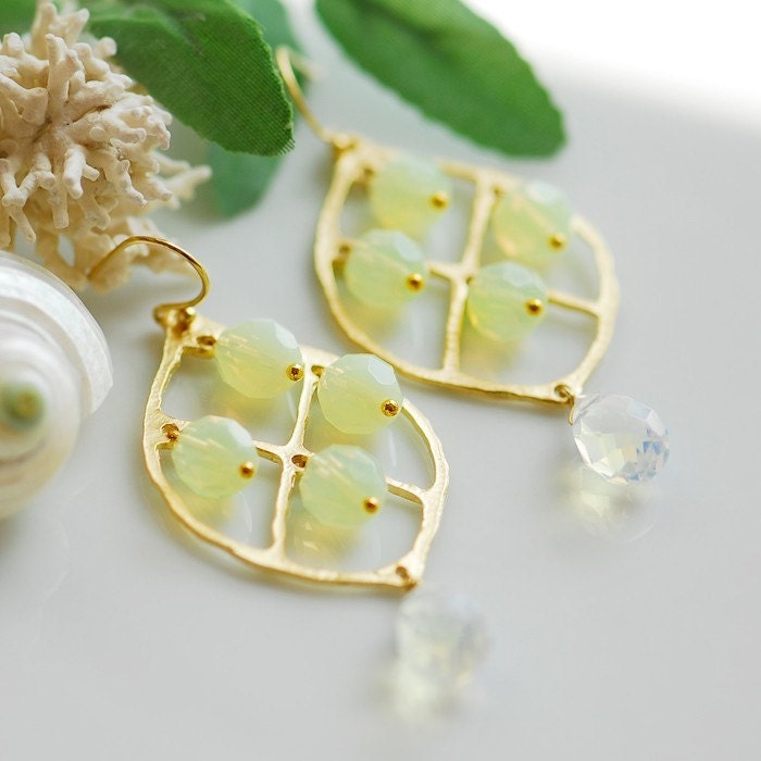 Beach jewelry, Chandelier earrings, Opal and gold earrings, Opalite earrings, Lilac and yellow, Long chandelier earrings