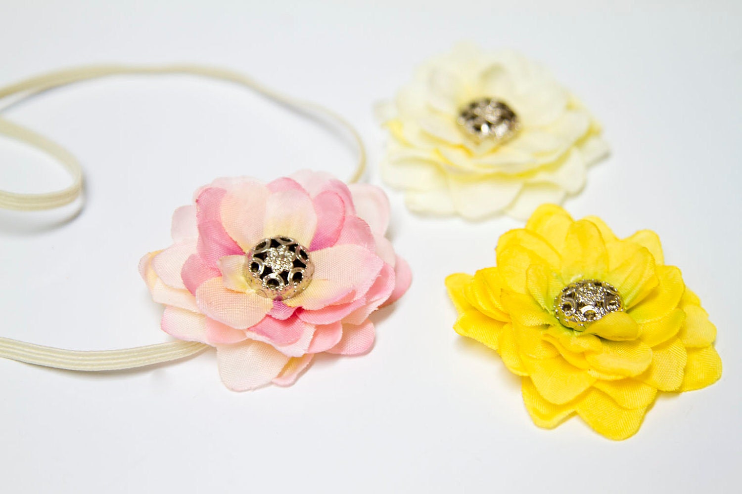 FIVE DOLLAR SALE - Small Flower Blossom Elastic Headband with Vintage Style Button Center, Choose Pink, Yellow or Ivory