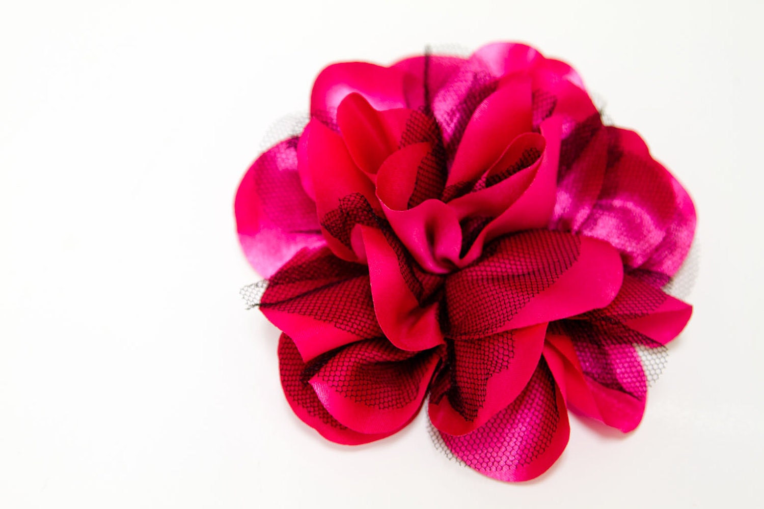 REDUCED - Satin and Tulle Flower Hair Clip in Hot Pink and Black