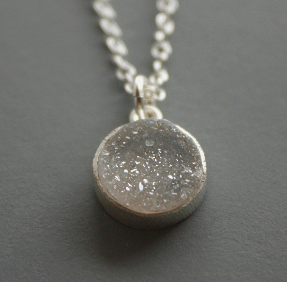 Soft Grey Agate Druzy Necklace - Silver - Round Pendant