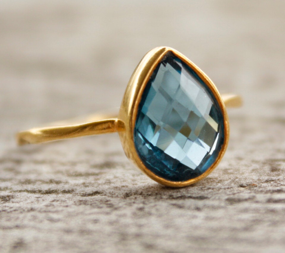 Gold Blue Topaz Ring - Gemstone Ring - London Blue, December Birthstone Ring, Teardrop