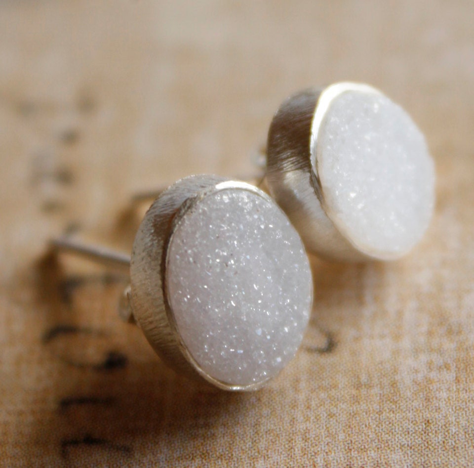 Natural Agate Druzy Studs - Oval - Soft Grey, Agate Geode Slice