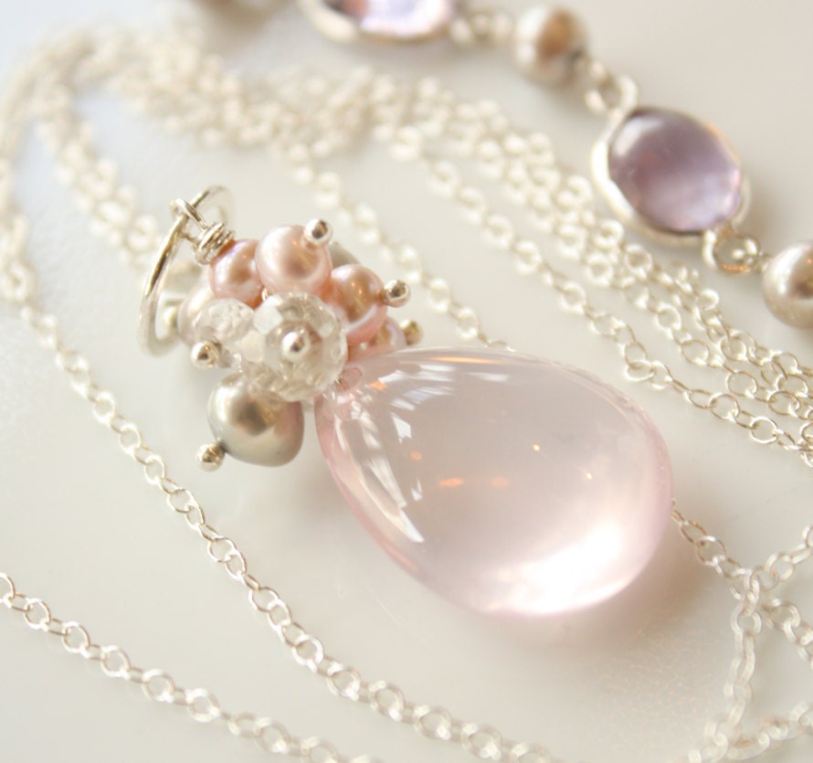 Flawless Rose Quartz Cluster Necklace with Pearls - Sterling Silver