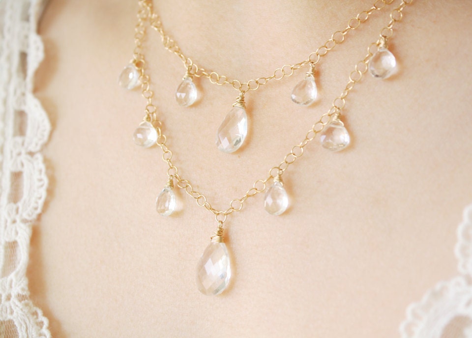 SALE - Extravagant Crystal Bridal Necklace - Quartz - 14KT Gold Fill, wedding jewelry, crystal bridal jewelry - Marked Down
