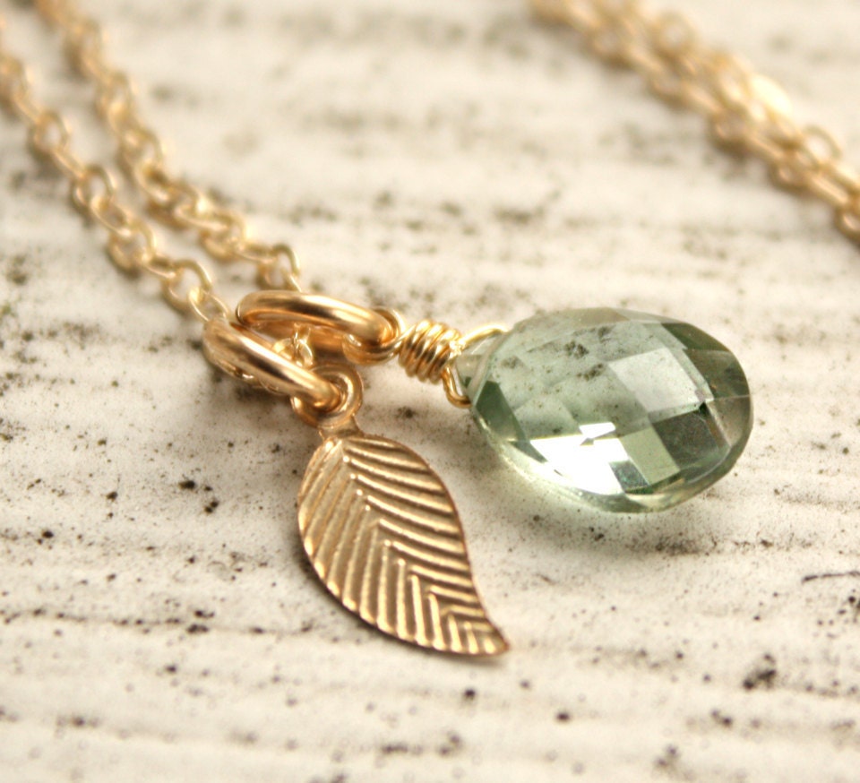 Gold Teal Quartz Necklace - Feather, Leaf - Bridesmaids Charm Necklace