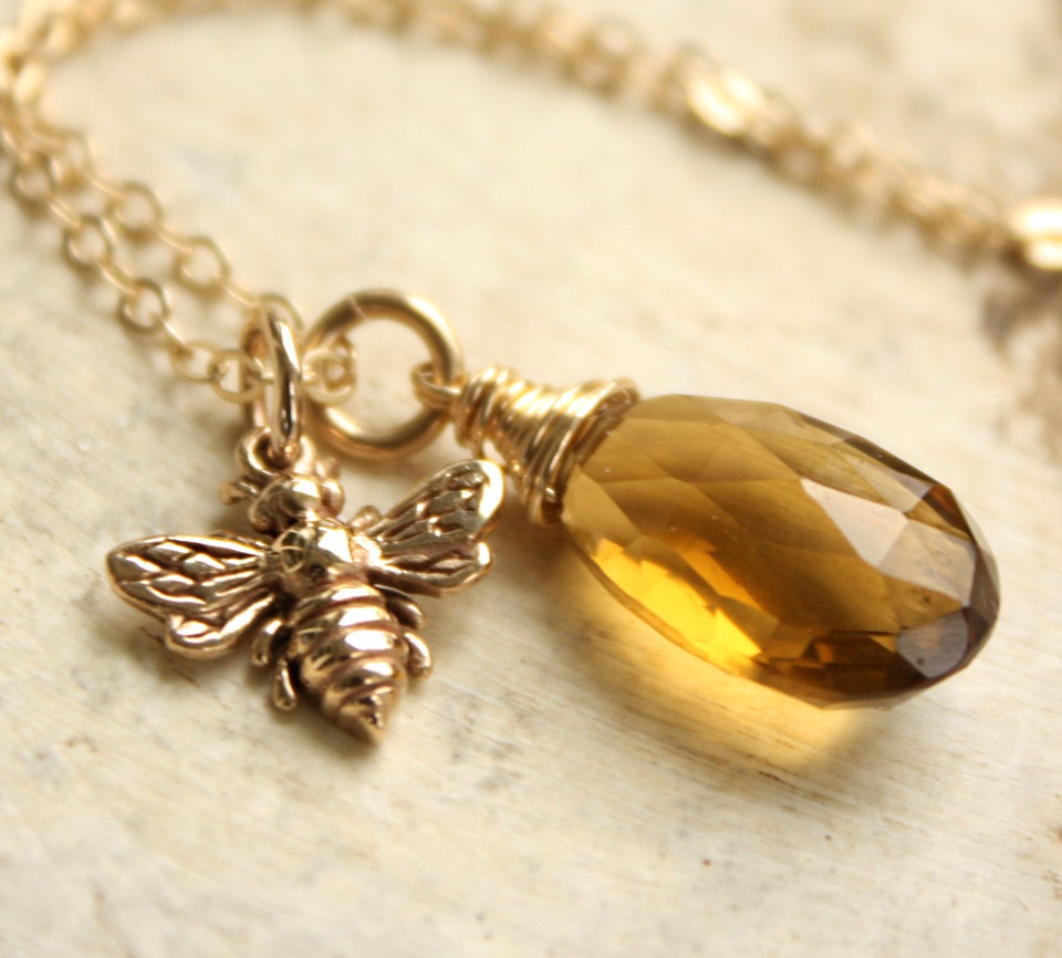 Gold Bumble Bee Necklace - Champagne Citrine - 14kt Gold Fill