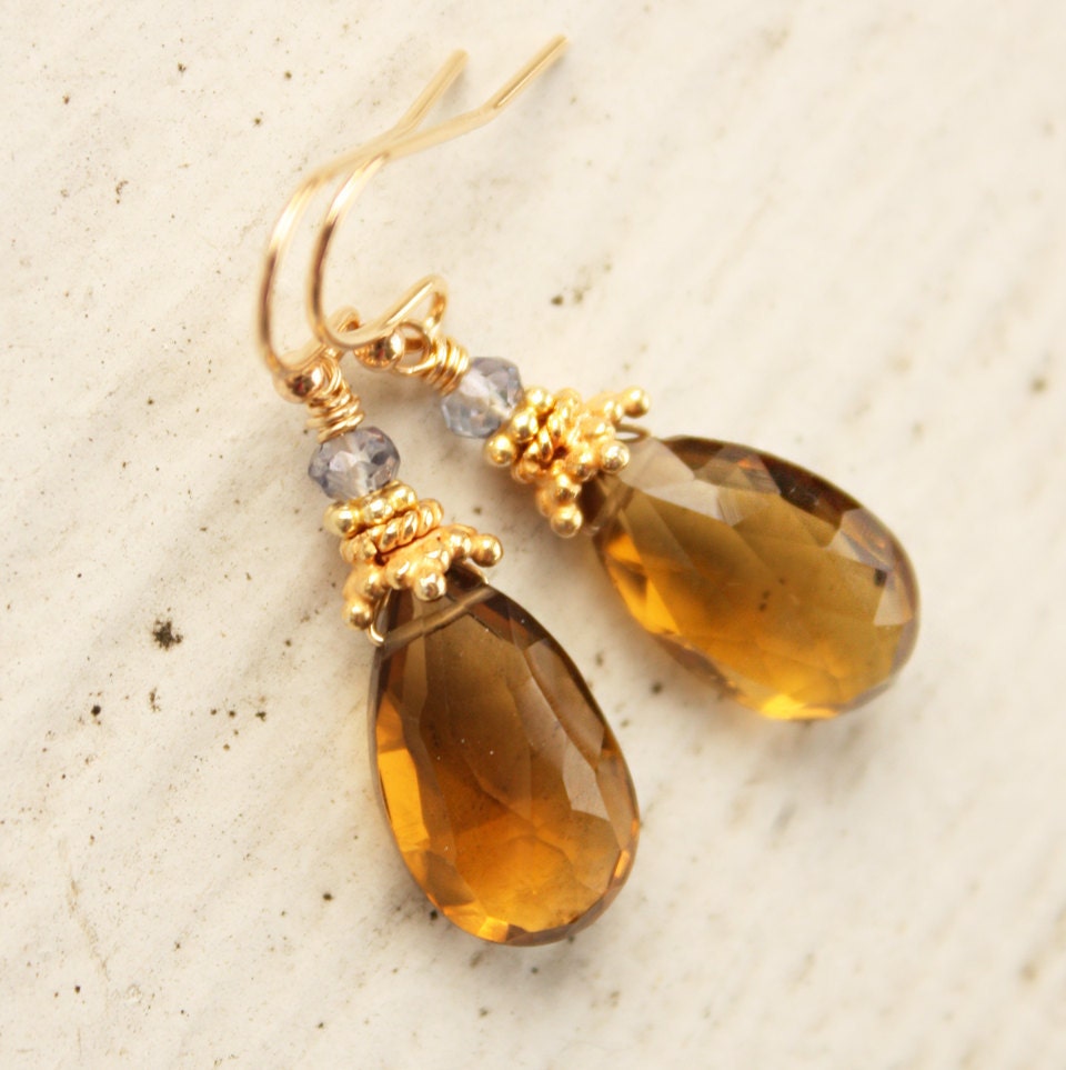 Citrine Teardrop Earrings - November Birthdays - 14KT Gold Fill - Mystic Blue Quartz