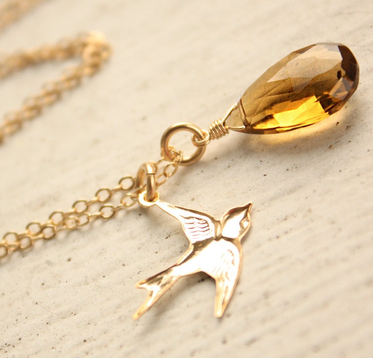 SALE 15 OFF Honey Citrine Necklace - Flying Swallow - Bird Charm Necklace, 14KT Gold Fill