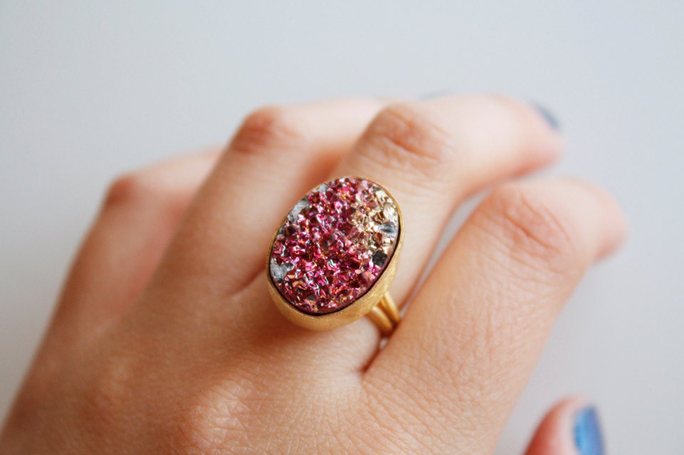 Fuschia Pink and Metallic Gold Druzy Ring - Titanium Coated - Adjustable Ring
