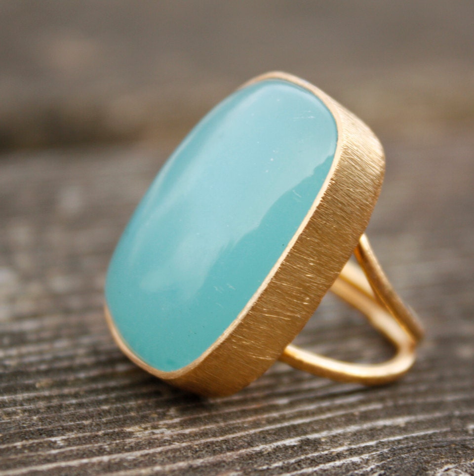 SALE Large Aqua Blue Chalcedony Ring - Rectangle - Adjustable Ring, Marked Down