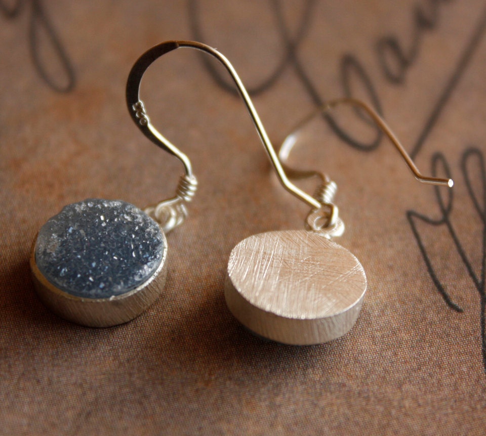 Charcoal Grey Druzy Earrings - Geode Earrings - Sterling Silver