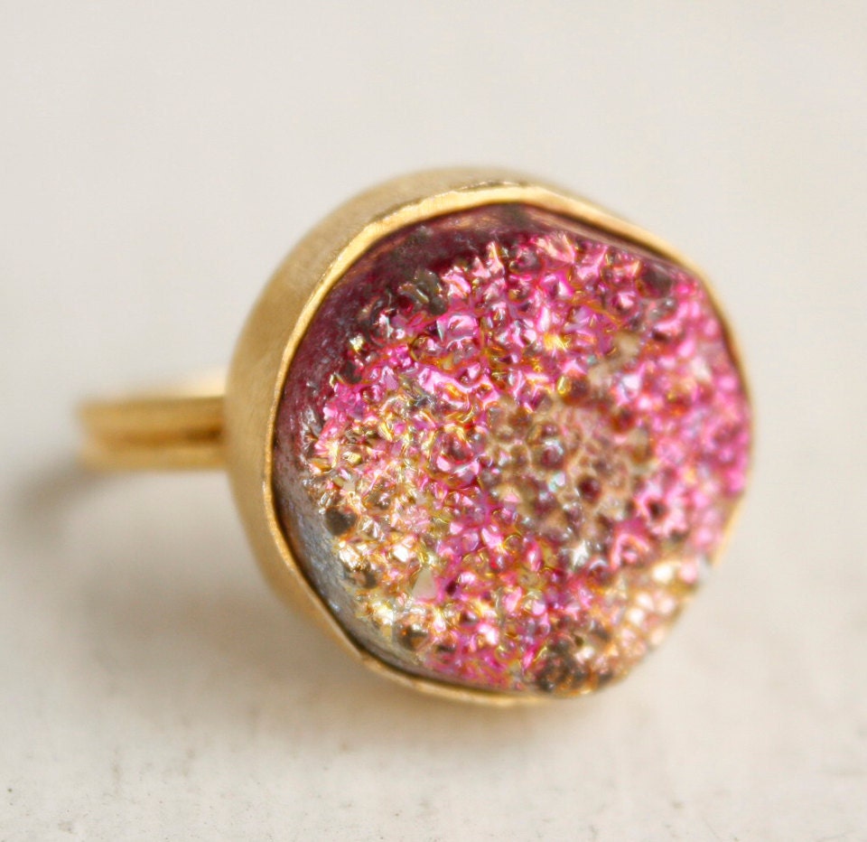 Fuschia Pink and Metallic Gold Druzy Ring - Titanium Coated - Adjustable Ring
