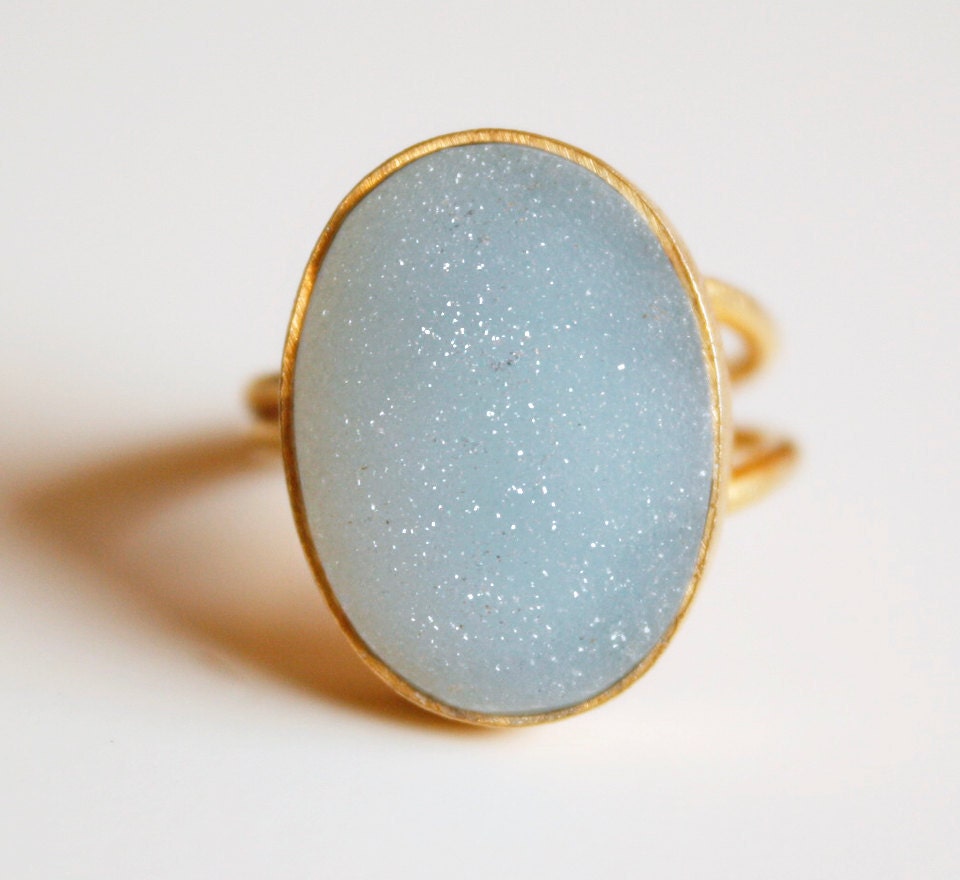 Aqua Blue Agate Druzy Ring - Oval Cut - Adjustable ring