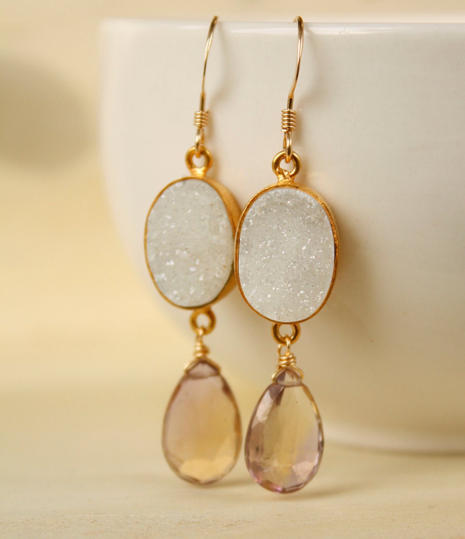 Purple Ametrine and White Agate Druzy Earrings - 14KT Gold Fill - Glacier Ice