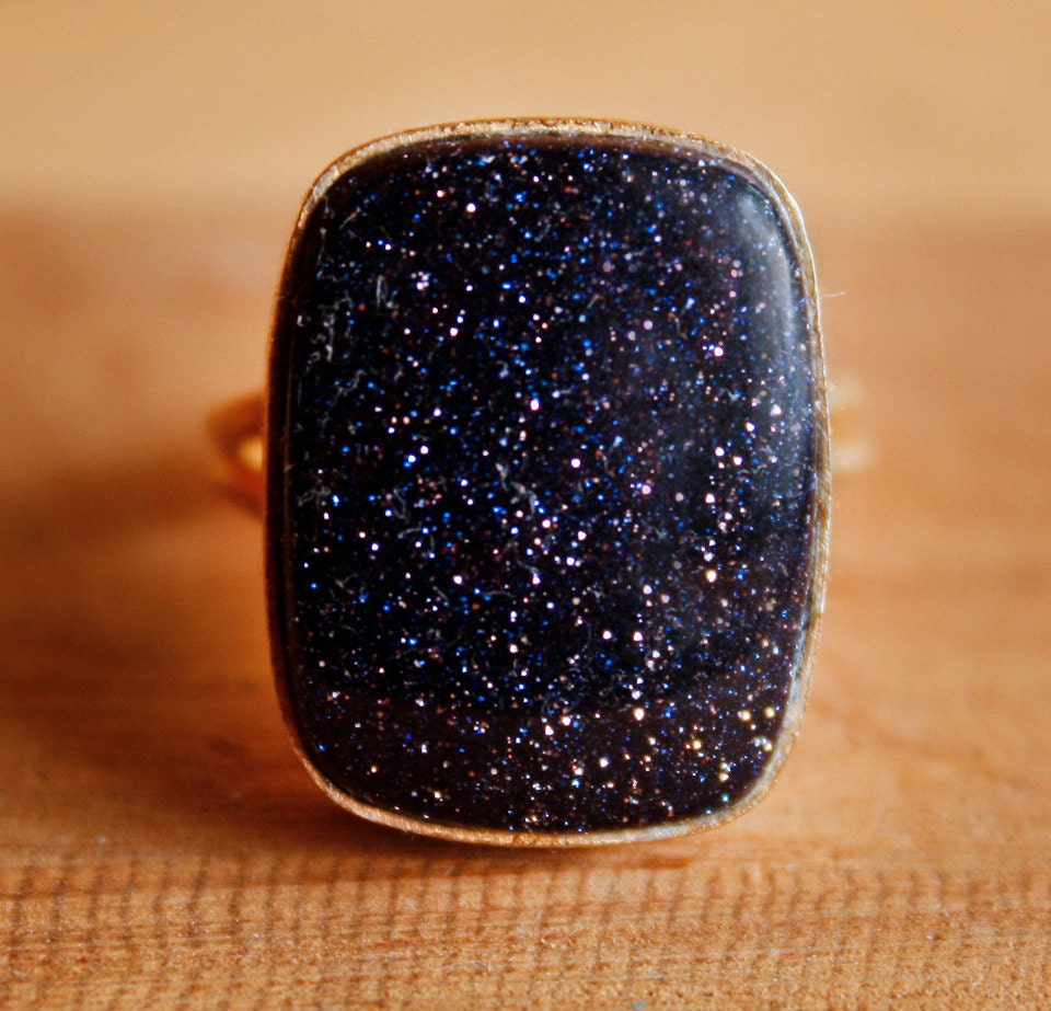 Blue Sunstone Ring - Chunky Stone Ring - Rectangular, Adjustable, Starry Night
