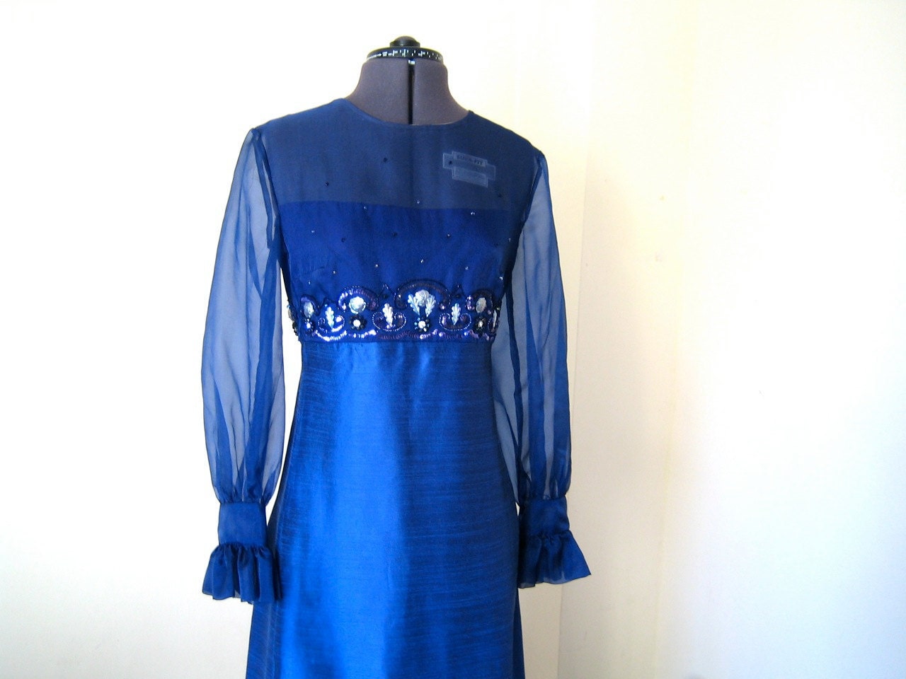 1960s Dress Electric blue Gown in Shantung silk Sheer organza Rhinestones Beading and Sequins L XL