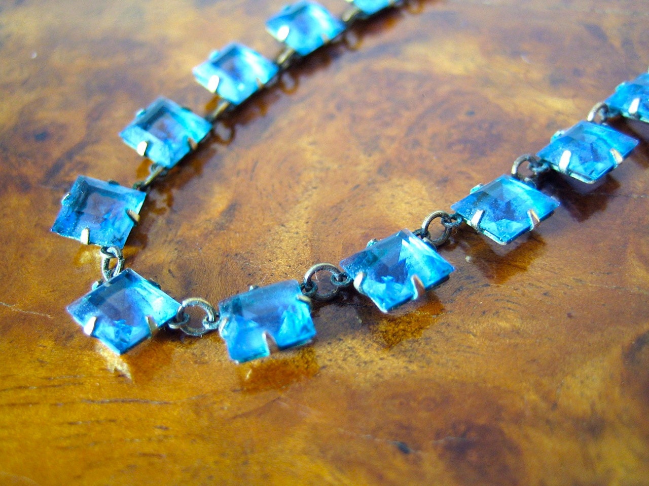 1920s necklace Claw set beautiful pale blue glass faceted square stones Fine metal chain