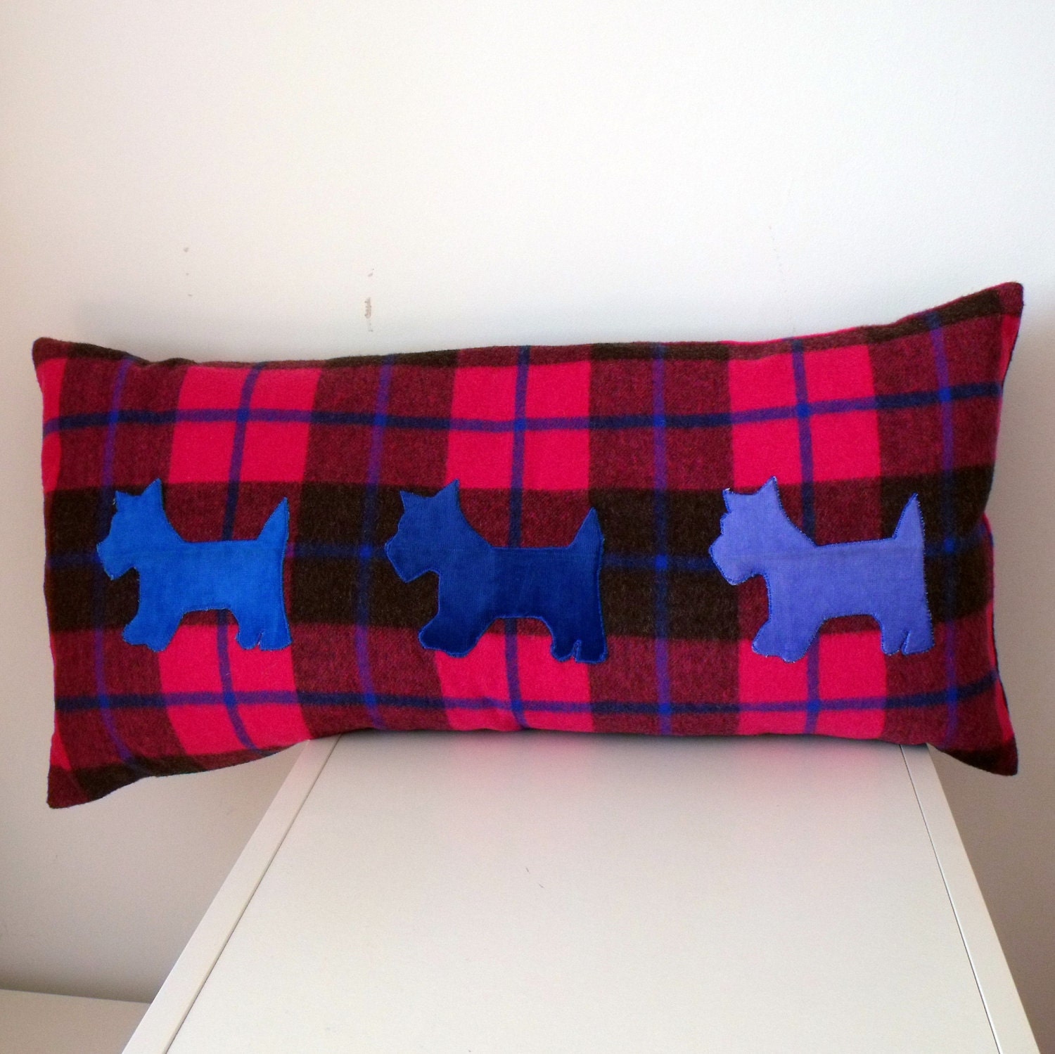 OOAK Hot Pink Tartan Cushion with Appliquéd Blue Velvet Scottie Dogs