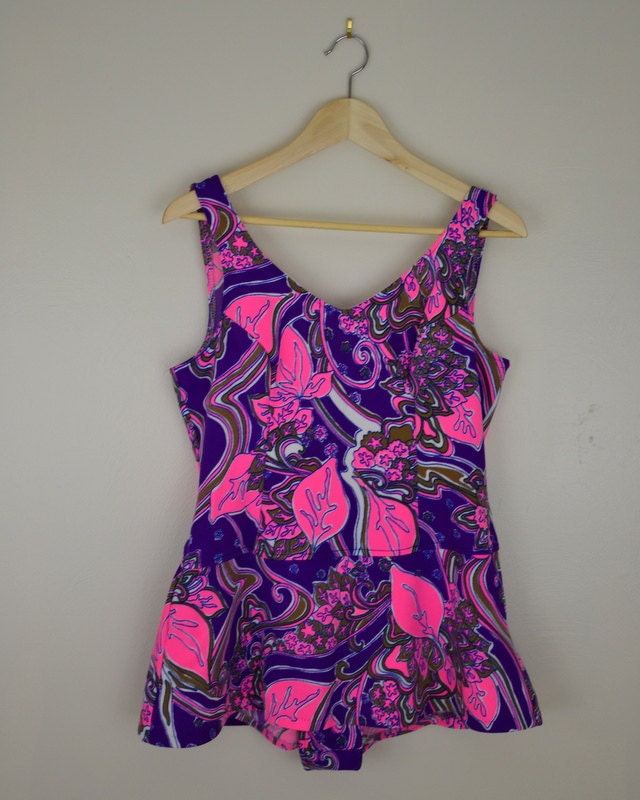 SALE Psychedelic Swimsuit - One Piece Skirted - Vintage 1960s 60s