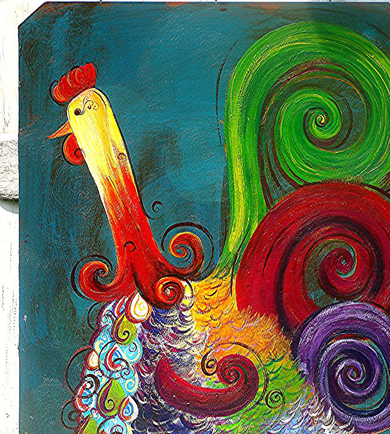 Original Folk Art Painting Kaleidoscope Rooster Sitting on a Hill of White Daisies Vibrant Colorful Whimsical Art