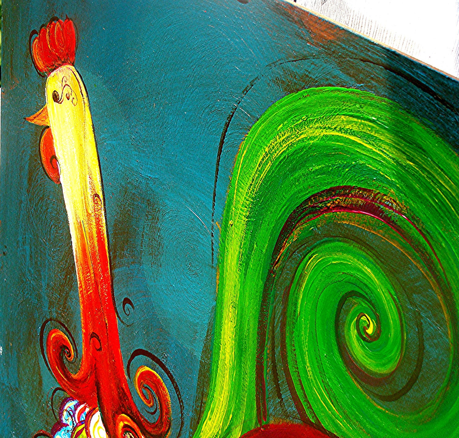 Original Folk Art Painting Kaleidoscope Rooster Sitting on a Hill of White Daisies Vibrant Colorful Whimsical Art