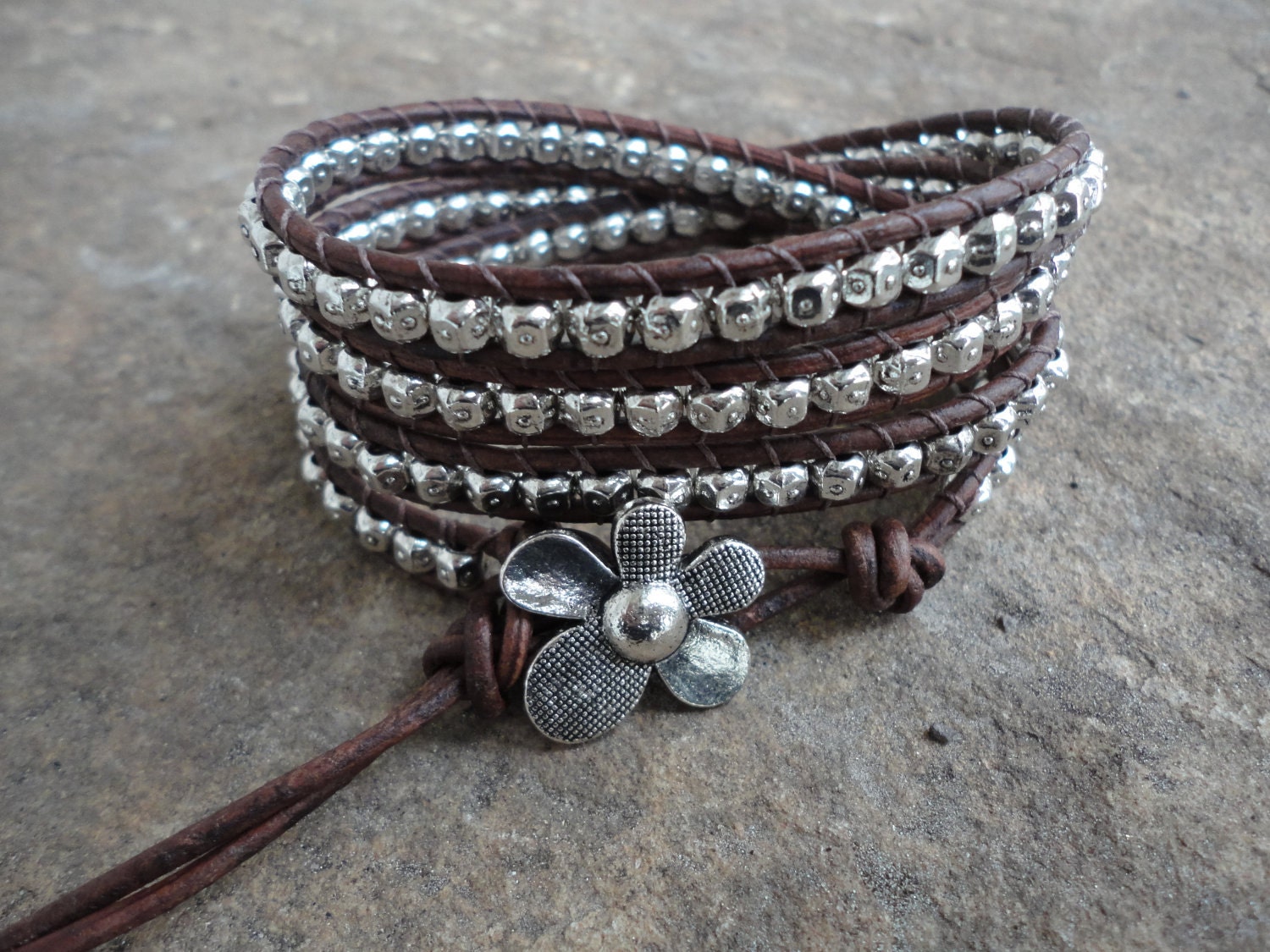 Flowerchild  Pewter Beaded Natural Leather Wrap Bracelet  Storewide SALE 20% off coupon code SALE20