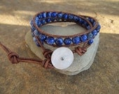 Blue Lazuli Beaded Leather Wrap Bracelet
