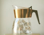 Vintage MidCentury Modern Glass Coffee Carafe or Decanter with Gold Grape Vine and Leaves.