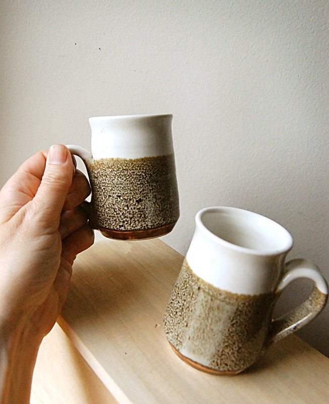 Vintage Handmade Ceramic Wheel Thrown Pair of Coffee or Tea Organic Mugs or Cup.