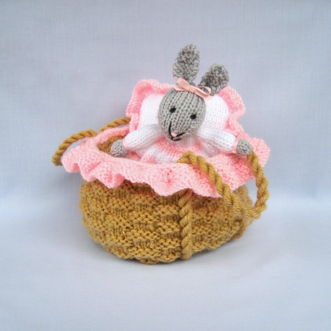 Baby Bunny in a basket crib - knitted toy rabbit doll - INSTANT DOWNLOAD - PDF email knitting pattern - ePattern