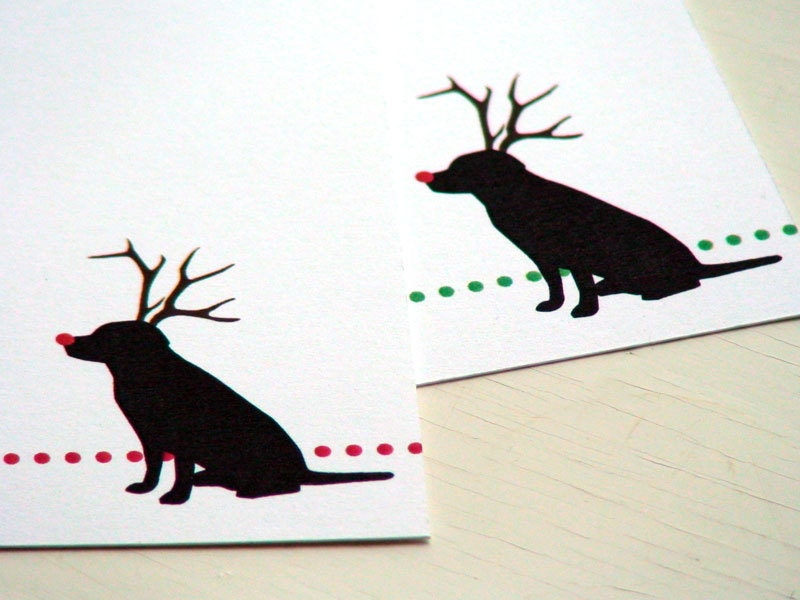 Rudolph Red Nosed Reindeer Dog Stationery - Personalized Christmas Note Cards -  Black Lab Silhouette . Notecards . Set of 10