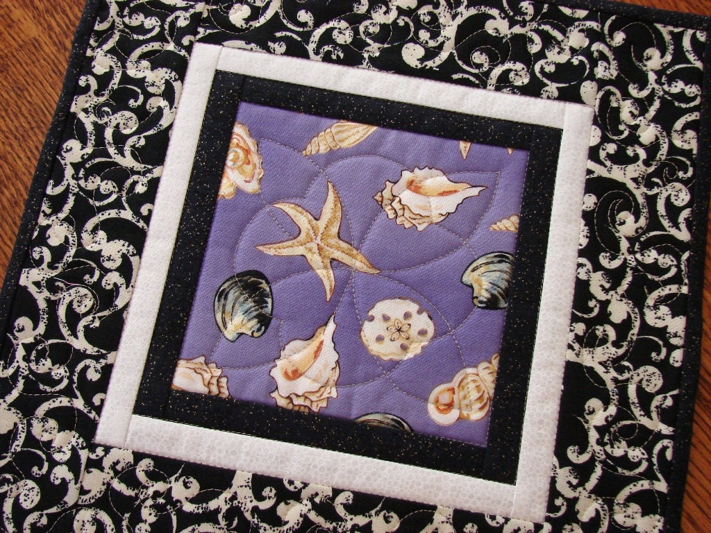 Mini Quilt Candle Mat Mug Rug with Seashells in Lavender Black and White - susiquilts