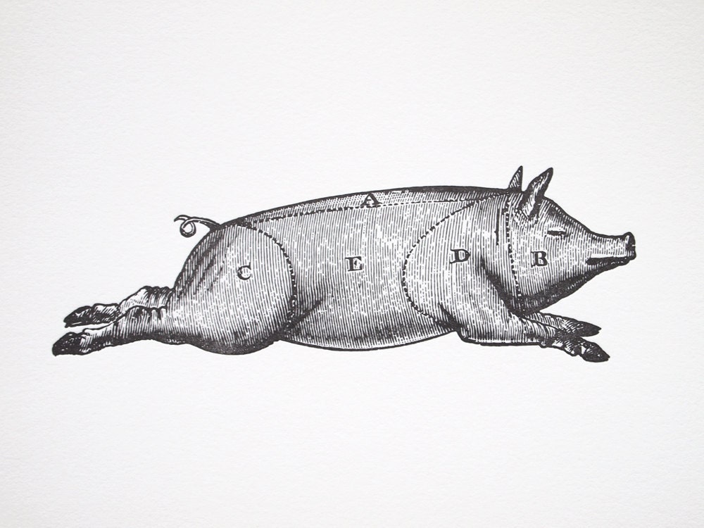 Letterpress Art Print Le Cochon 8x10 - Pork Meat Cuts Chart - Vintage Pig Diagram
