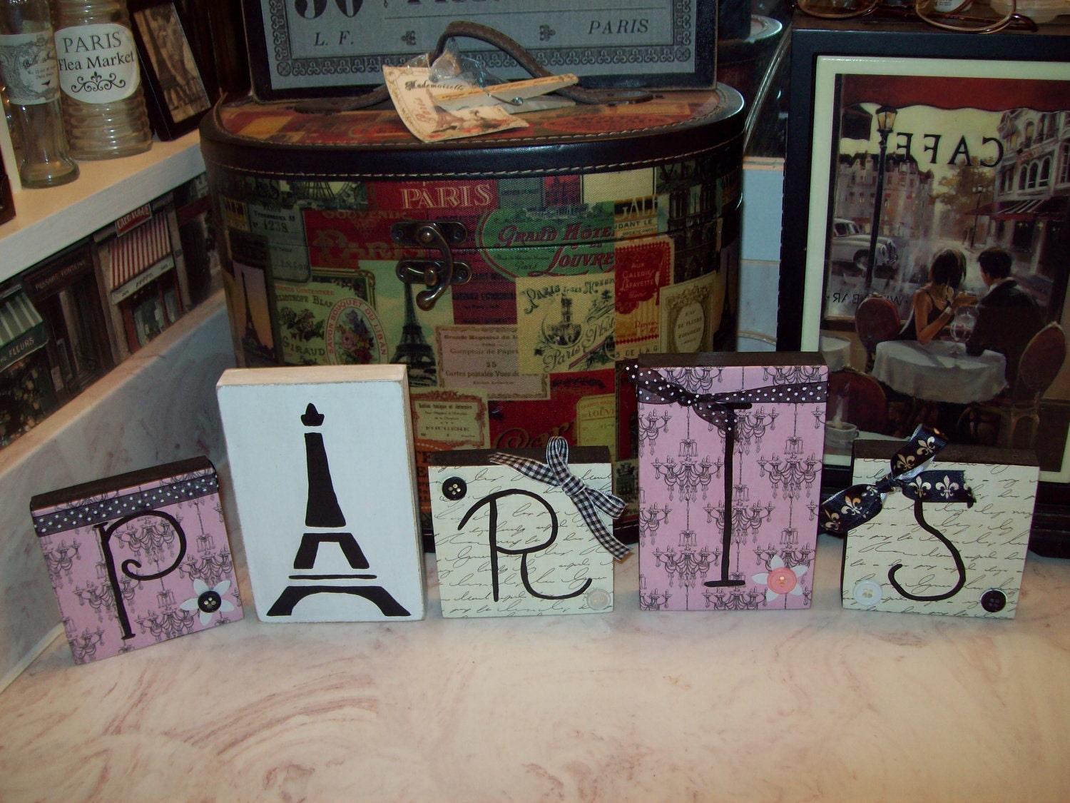 Shabby French Decorative Paris blocks pink chandelier paper French words