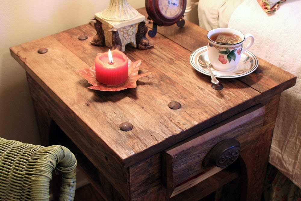 End Table / Nightstand (Simply Riveting), Rustic, Reclaimed Wood, Light Brown Finish  - Handmade