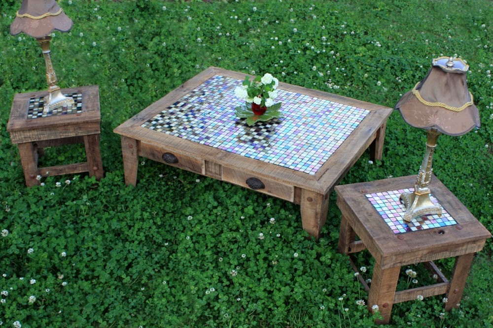 Grande Coffee Table & Pair of End Tables Furniture Suite, Iridescent Glass Mosaic Tile Inlay, Reclaimed Wood, Natural Finish - Handmade