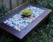 Coffee Table with Glass Mosaic Tile Inlay (Tropical Breeze), Rustic Contemporary, Reclaimed Wood, Light Java Finish - Handmade
