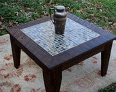 Small Coffee Table, Tile Mosaic, Reclaimed Wood, Rustic Contemporary, "Bamboo Beach", Dark Brown Wax Finish - Handmade