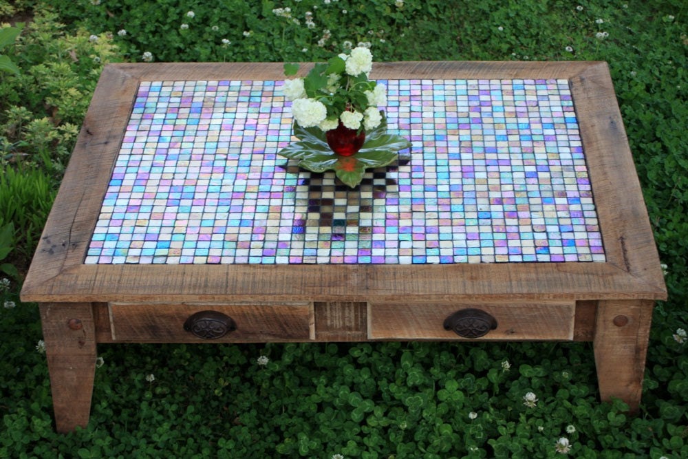 Large Coffee Table, Tile Mosaic, Reclaimed Wood, Rustic Contemporary, Natural Finish - Handmade