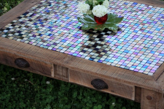 Large Coffee Table, Tile Mosaic, Reclaimed Wood, Rustic Contemporary, Natural Finish - Handmade