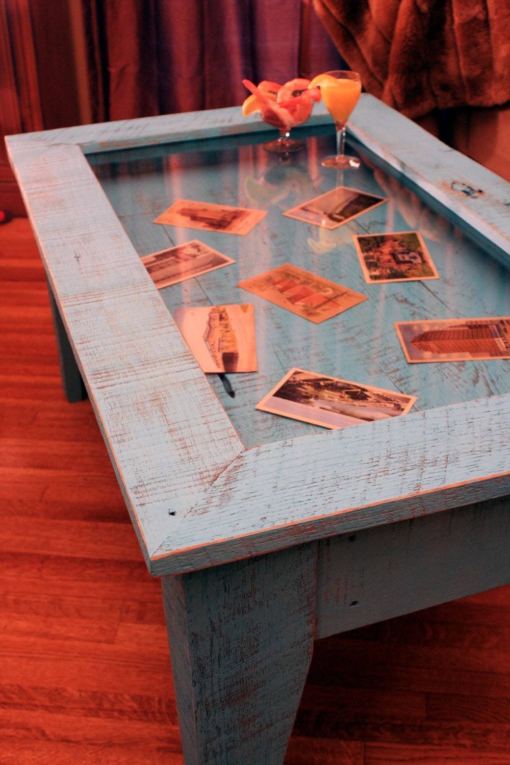 Display Coffee Table with Glass Top, Reclaimed Wood, Rustic Contemporary, Distressed Turquoise Finish - Handmade