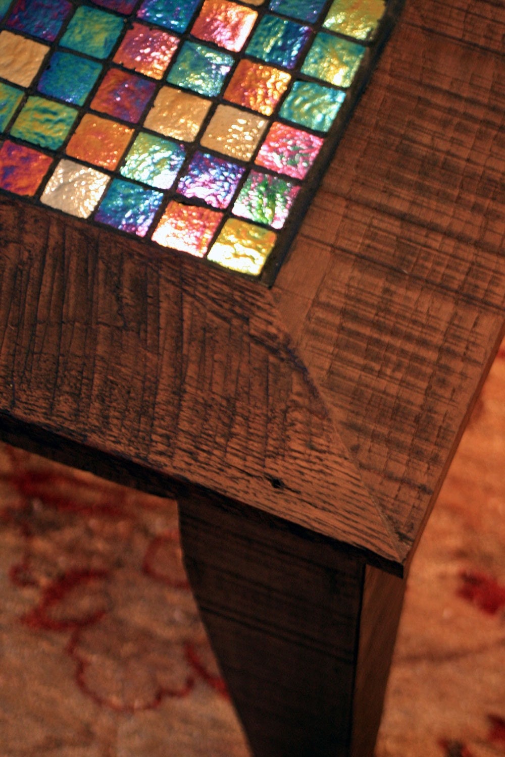 Large Coffee Table with Irridescent Glass Tile Inlay, Rustic Contemporary, Java Finish - "The Starry Night" - Handmade