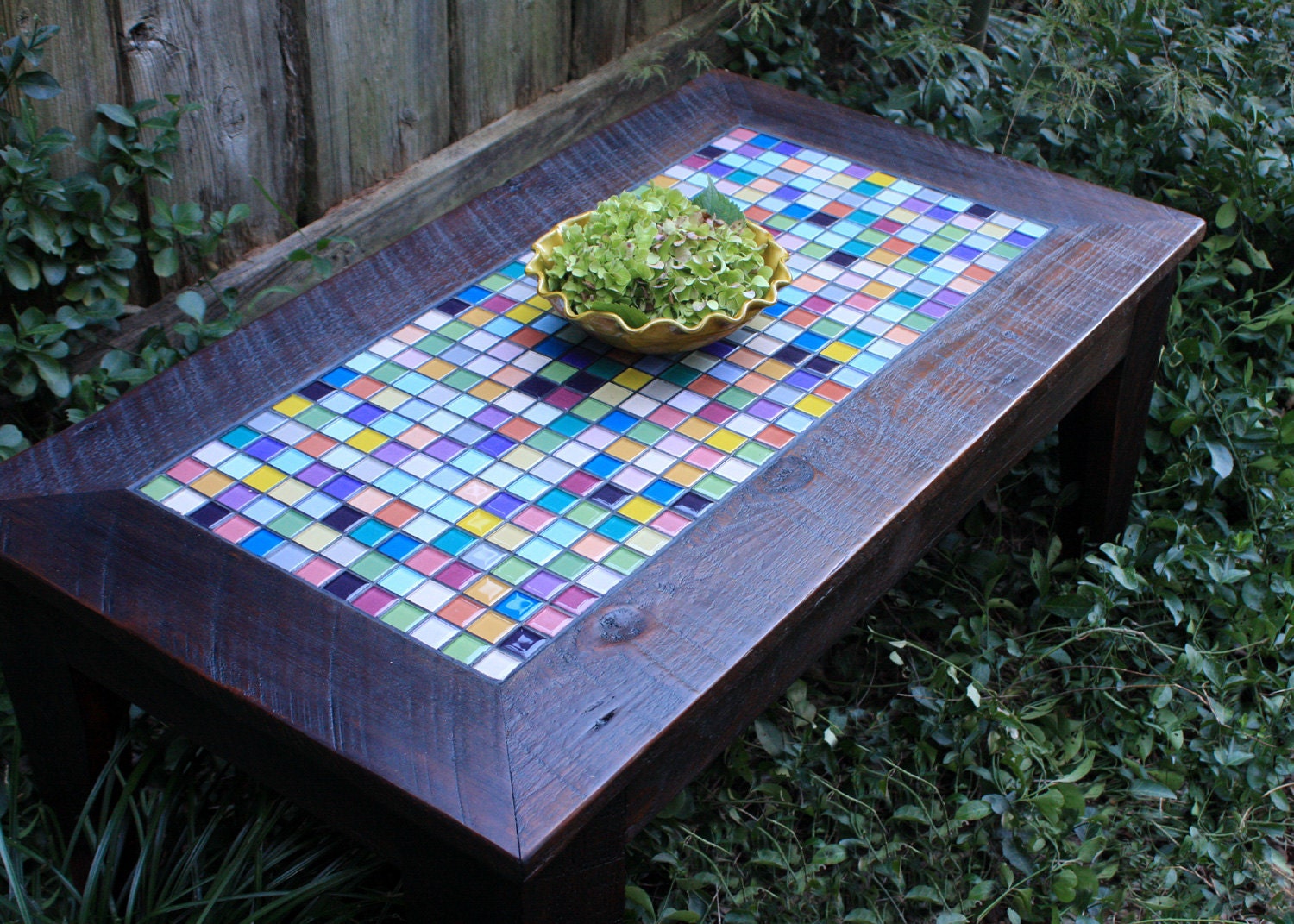 Coffee Table with Glass Mosaic Tile Inlay (Tropical Breeze), Rustic Contemporary, Reclaimed Wood, Light Java Finish - Handmade