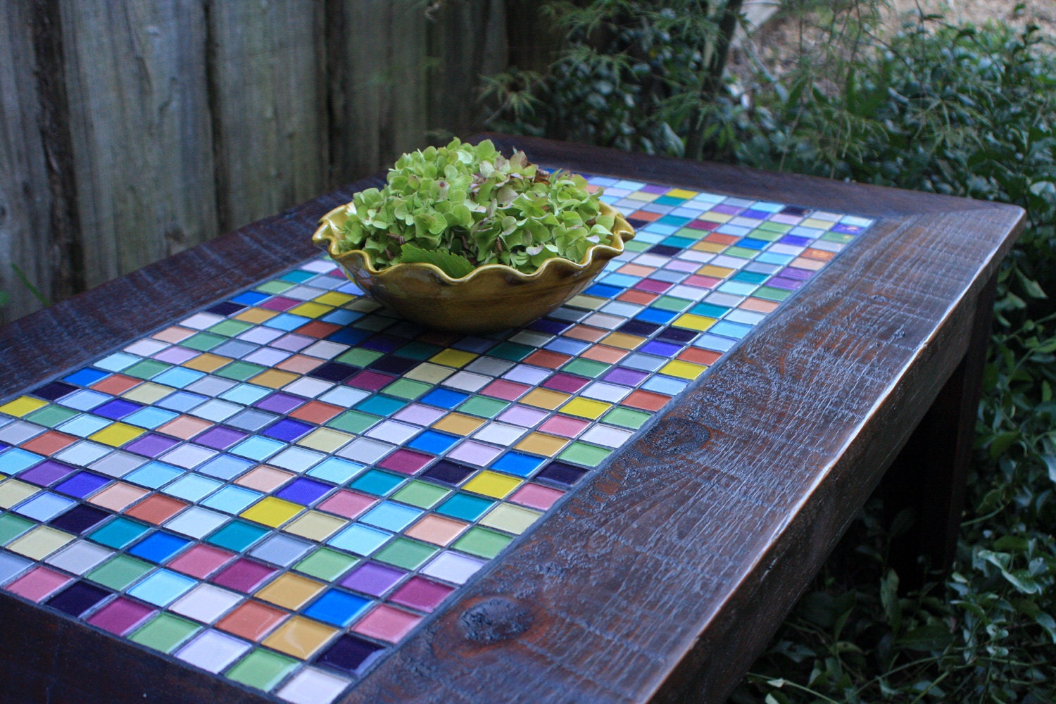 Coffee Table with Glass Mosaic Tile Inlay (Tropical Breeze), Rustic Contemporary, Reclaimed Wood, Light Java Finish - Handmade