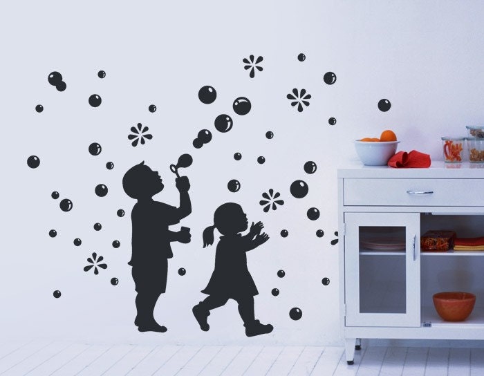 Childhood boy and girl blowing bubbles wall art decals