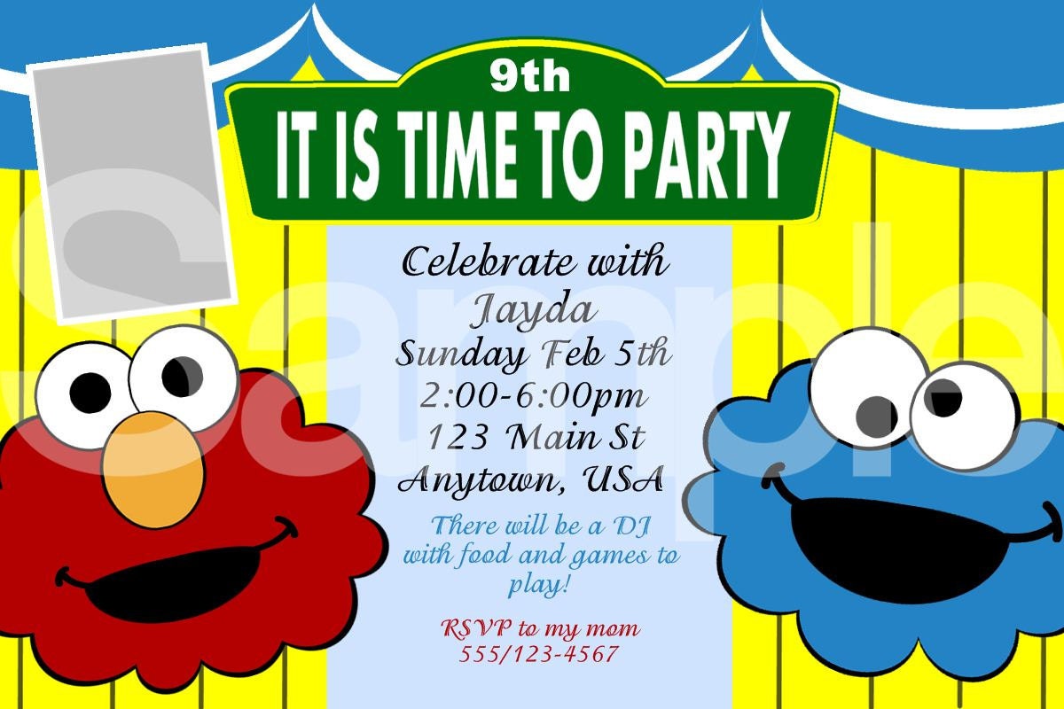 4x6 Birthday Sesame Street Invitation OR Thank you card-Elmo and Cookie