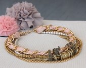 Peach and gold Statement Necklace with Chains, Vintage Rings and Silk